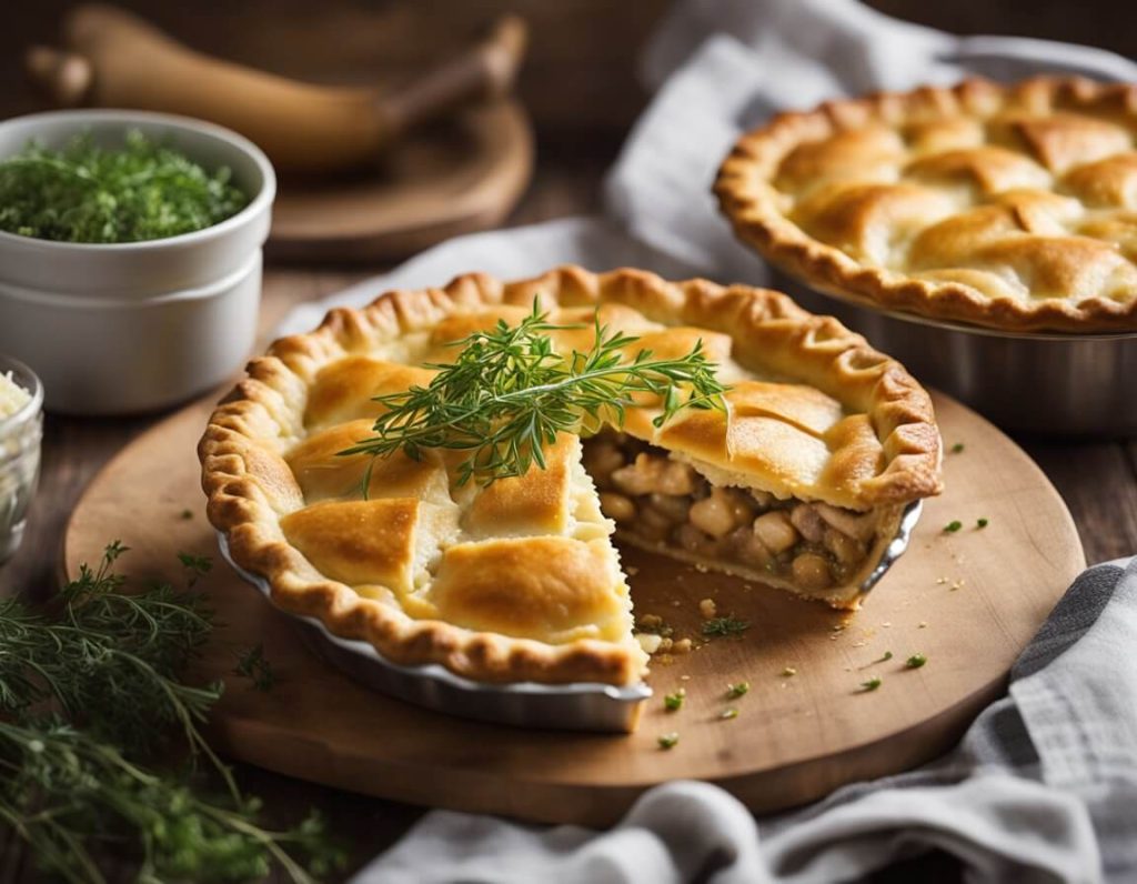 A golden-brown chicken and leek pie sits on a rustic table, steam rising from its flaky crust. The pie is adorned with a delicate lattice pattern, and a sprig of fresh thyme rests on top