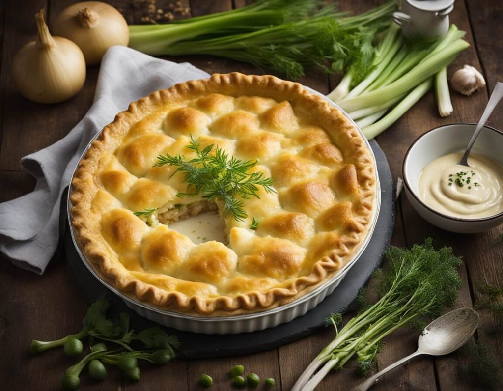 A golden-brown chicken and leek pie sits on a rustic wooden table, surrounded by fresh leeks, a bowl of creamy sauce, and a scattering of herbs