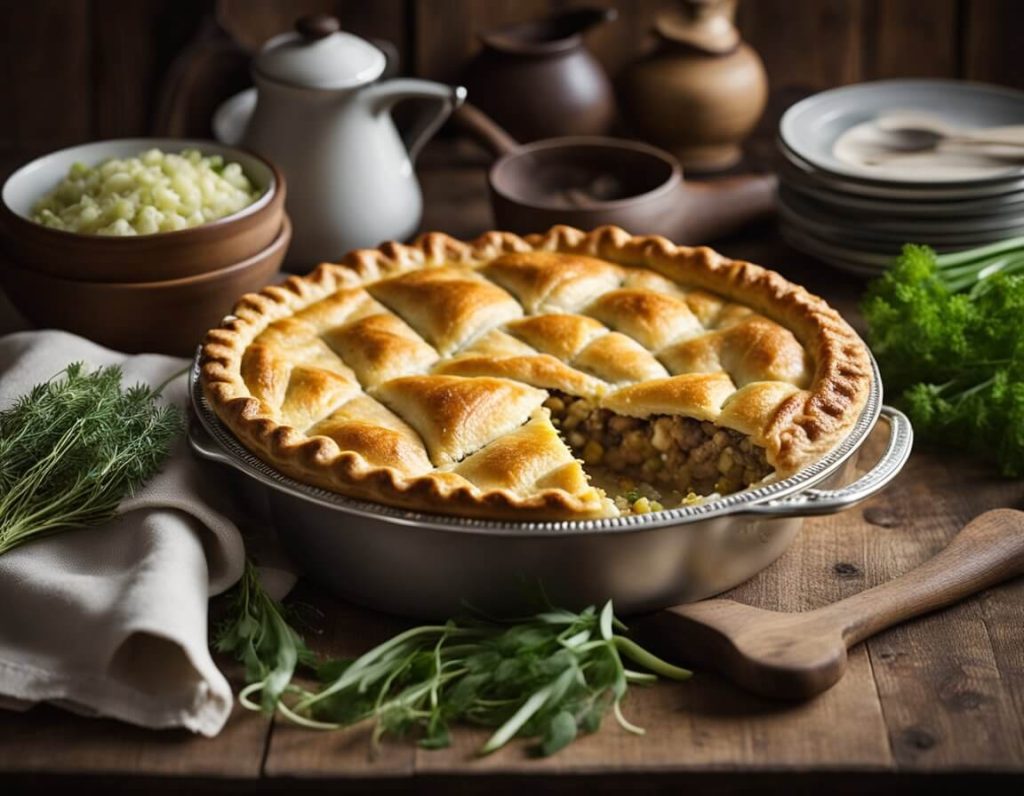 A golden-brown chicken and leek pie sits on a rustic wooden table, garnished with fresh herbs and surrounded by vintage cooking utensils