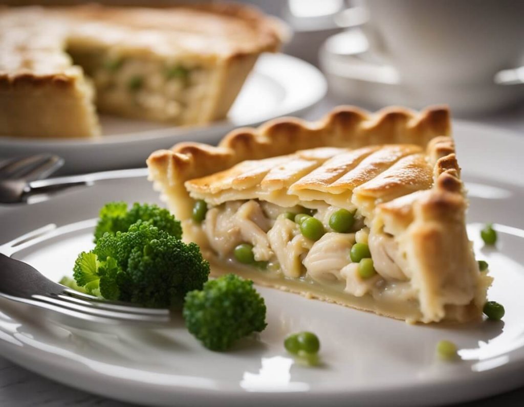 A chicken and leek pie sits on a white plate, with a fork beside it. A small label displays "Nutritional Information" and "Mary Berry."