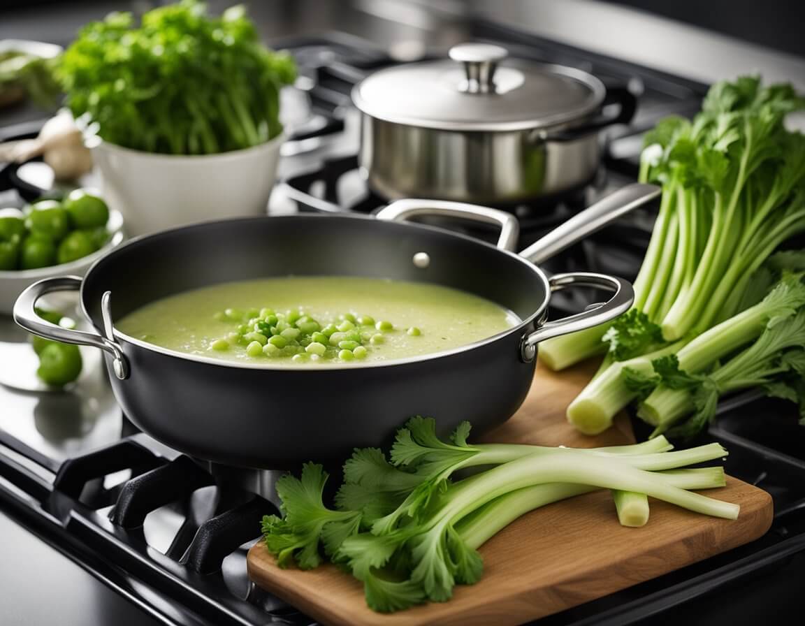 A pot of Mary Berry's celery soup bubbles on the stove, steam rising, surrounded by fresh celery, onions, and herbs