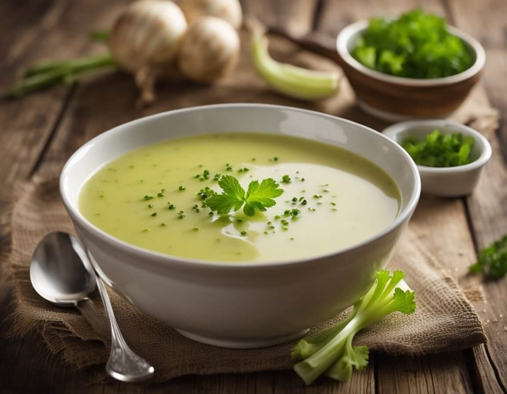 A bowl of Mary Berry's celery soup sits on a rustic wooden table, steam rising from its surface. A few sprigs of fresh celery and a sprinkle of black pepper garnish the soup