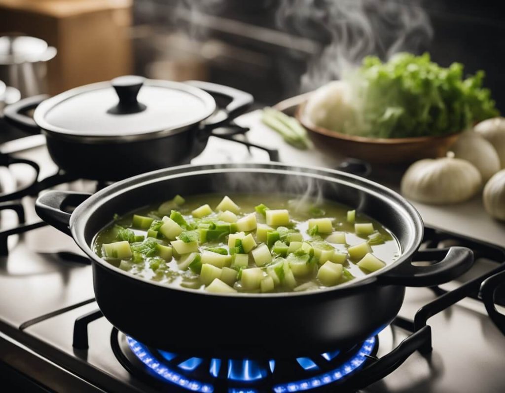 A pot simmers on a stove, filled with chopped celery, onions, and broth. Steam rises as the ingredients meld together, creating a fragrant and hearty celery soup