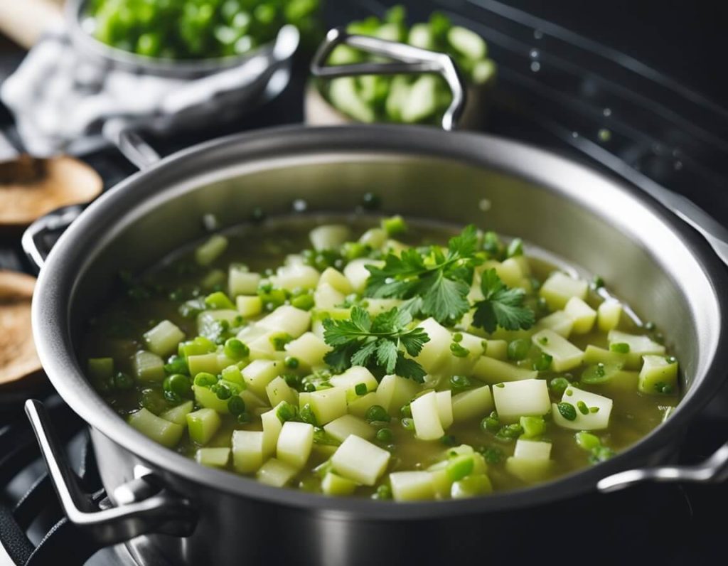 A pot simmering on a stove, filled with chopped celery, onions, and garlic. A sprinkle of herbs and a splash of broth added