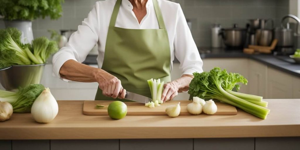 Mary Berry expertly chops celery, sautés onions, and simmers stock to create a flavorful celery soup