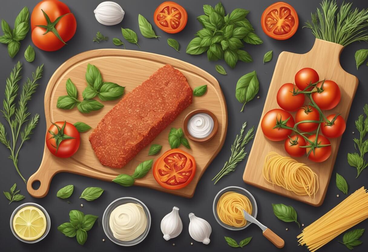 A wooden cutting board with ingredients like nduja, tomatoes, pasta, and herbs arranged neatly for cooking