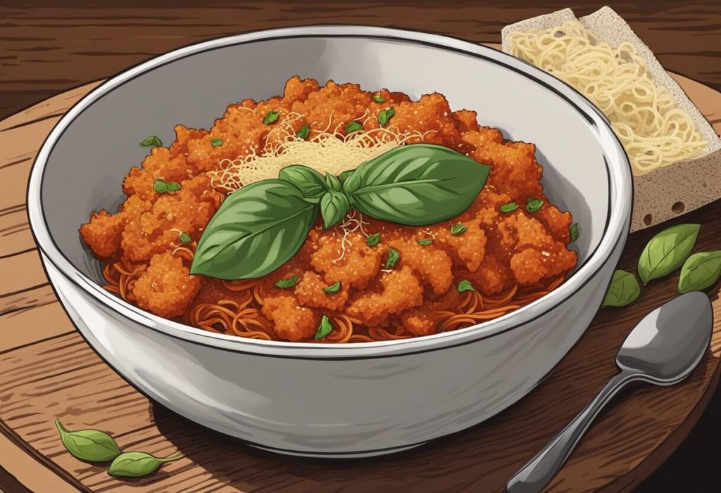 A steaming bowl of 'Nduja pasta sits on a rustic wooden table, garnished with fresh basil and grated Parmesan. The spicy aroma wafts through the air, inviting the viewer to take a bite