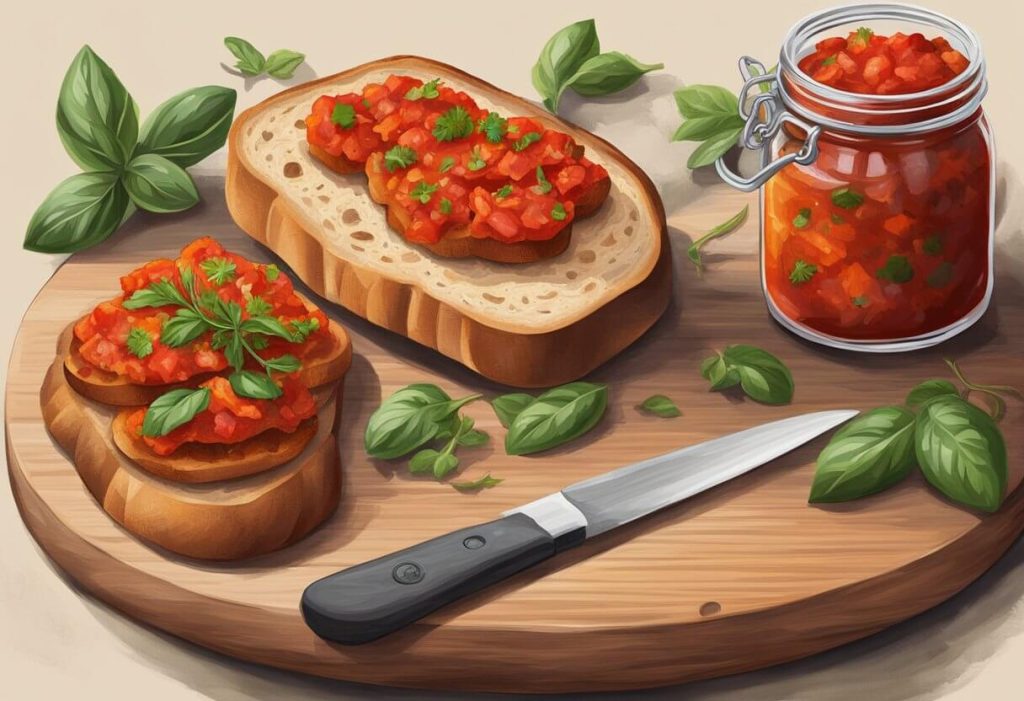 A rustic wooden cutting board holds a plate of 'Nduja bruschetta, topped with vibrant red spread and fresh herbs. A loaf of crusty bread and a jar of 'Nduja sit nearby