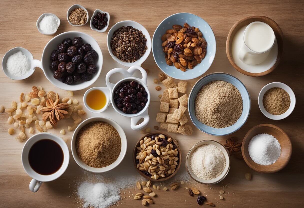 A kitchen counter with ingredients for Mary Berry's Bara Brith recipe laid out, including dried fruits, flour, sugar, and a mixing bowl