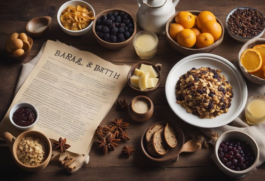 A rustic kitchen table set with ingredients for Bara Brith, including dried fruit, tea, and a handwritten recipe by Mary Berry