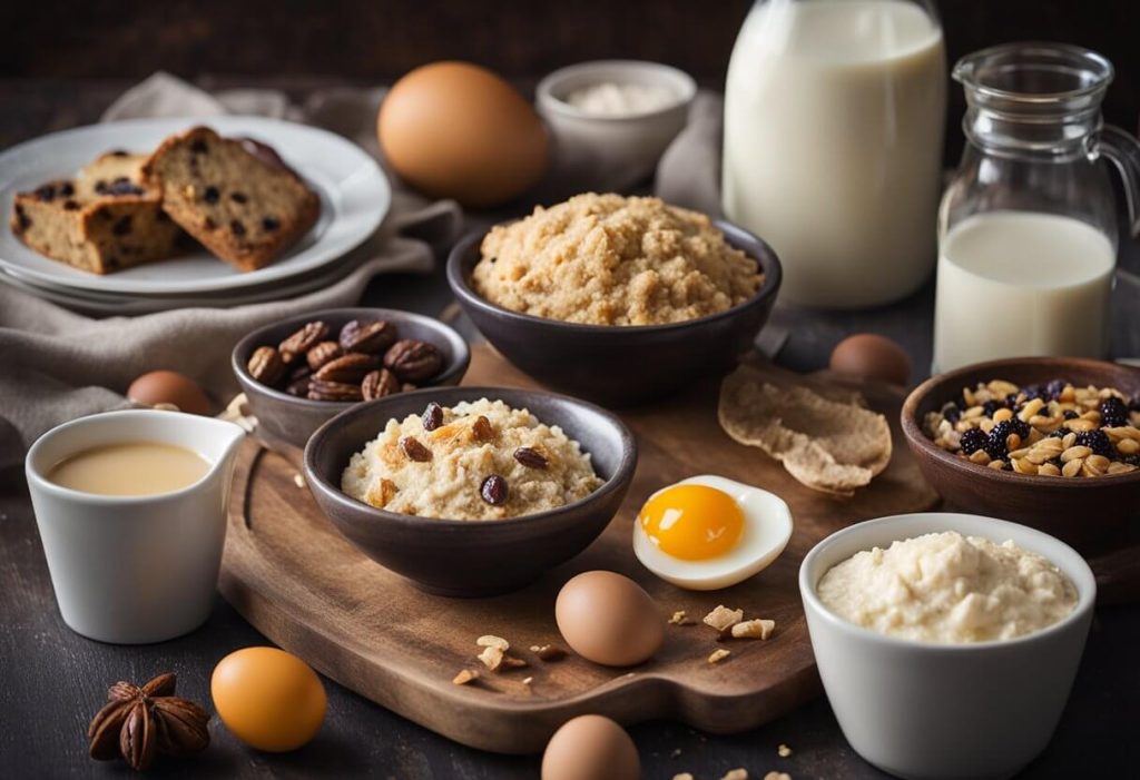 A table with ingredients: flour, sugar, mixed dried fruit, milk, and eggs, along with a printed recipe for Mary Berry's Bara Brith