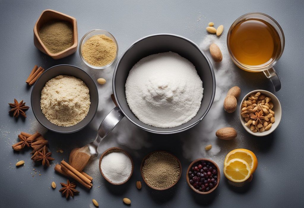 Mixing bowl with flour, sugar, and dried fruit. Spices and tea steeping in a pot. Greased loaf tin ready. Ingredients laid out on a clean surface