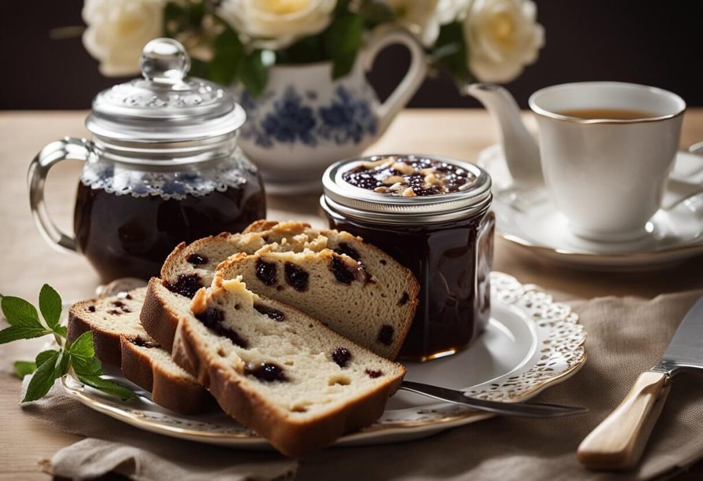 A table set with a freshly baked bara brith loaf, a knife, and a jar of homemade jam, with a tea set and a lace tablecloth in the background