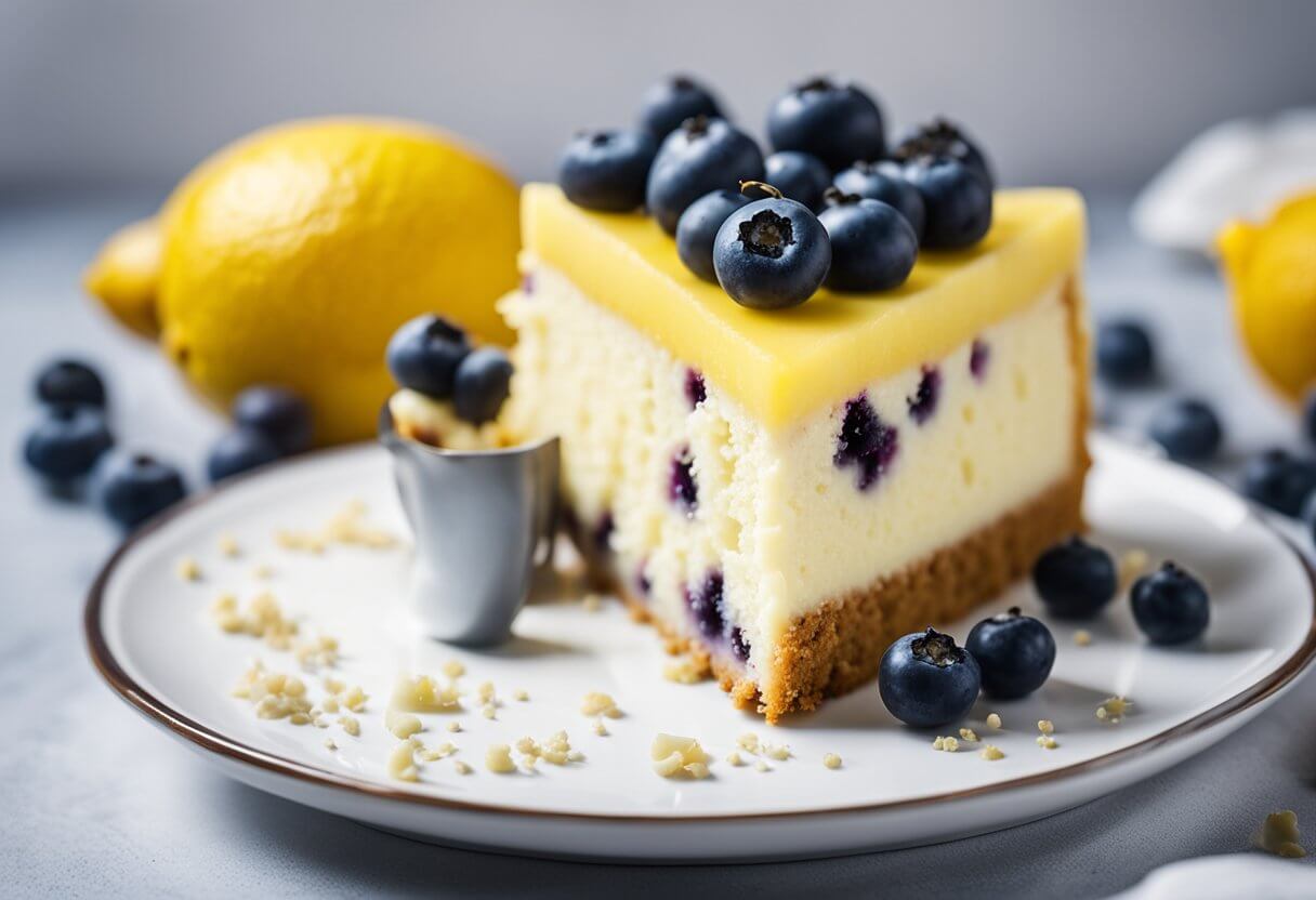 A lemon and blueberry cake sits on a white cake stand, with a slice missing and crumbs scattered around