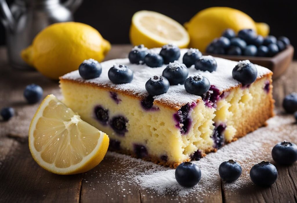 A lemon and blueberry cake sits on a rustic wooden table, adorned with fresh blueberries and a dusting of powdered sugar