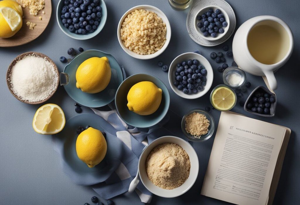 A kitchen counter with ingredients for Mary Berry lemon and blueberry cake, a mixing bowl, and a recipe book open to the baking instructions