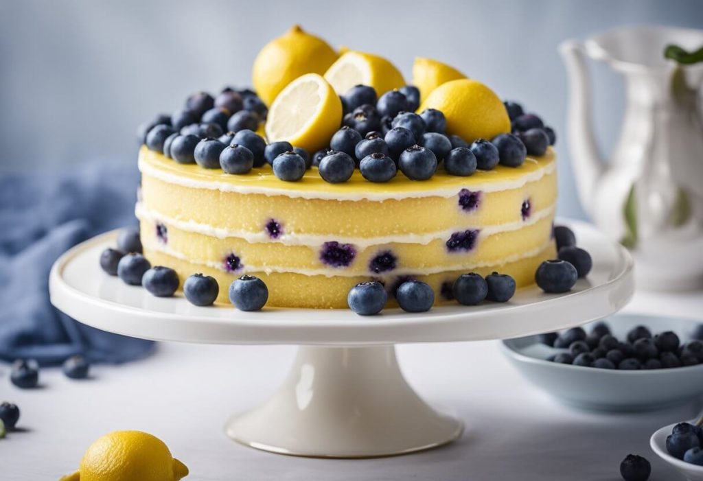 A beautifully decorated lemon and blueberry cake stands on a white cake stand, adorned with fresh blueberries and lemon slices