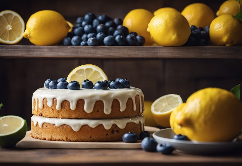 A lemon and blueberry cake sits on a wooden shelf in a pantry. The cake is covered with a light glaze and surrounded by fresh fruit