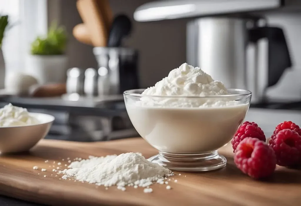 A mixing bowl filled with flour, sugar, and eggs sits on a kitchen counter. A jar of raspberry jam and a bowl of whipped cream are nearby