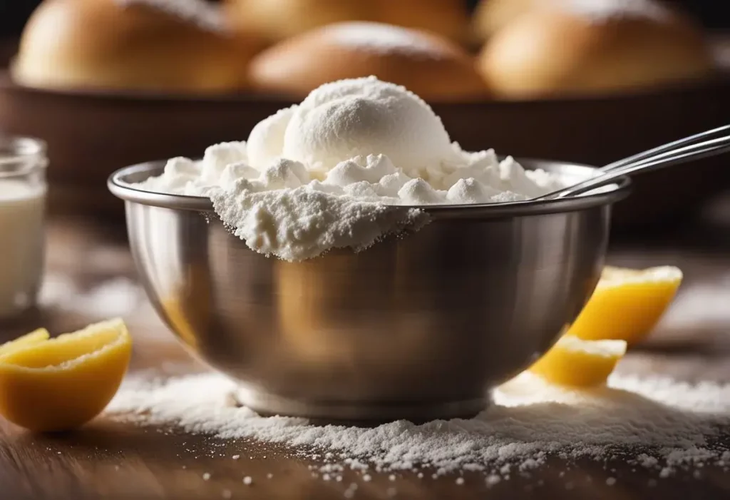 A mixing bowl filled with flour, sugar, and eggs. A whisk blending the ingredients together. A dollop of jam being spread on a golden sponge cake layer