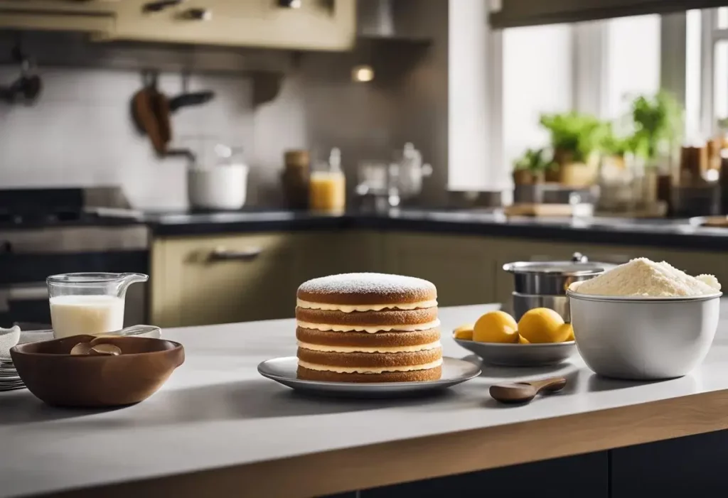 A countertop with a mixing bowl, measuring cups, and ingredients for a Victoria sponge cake